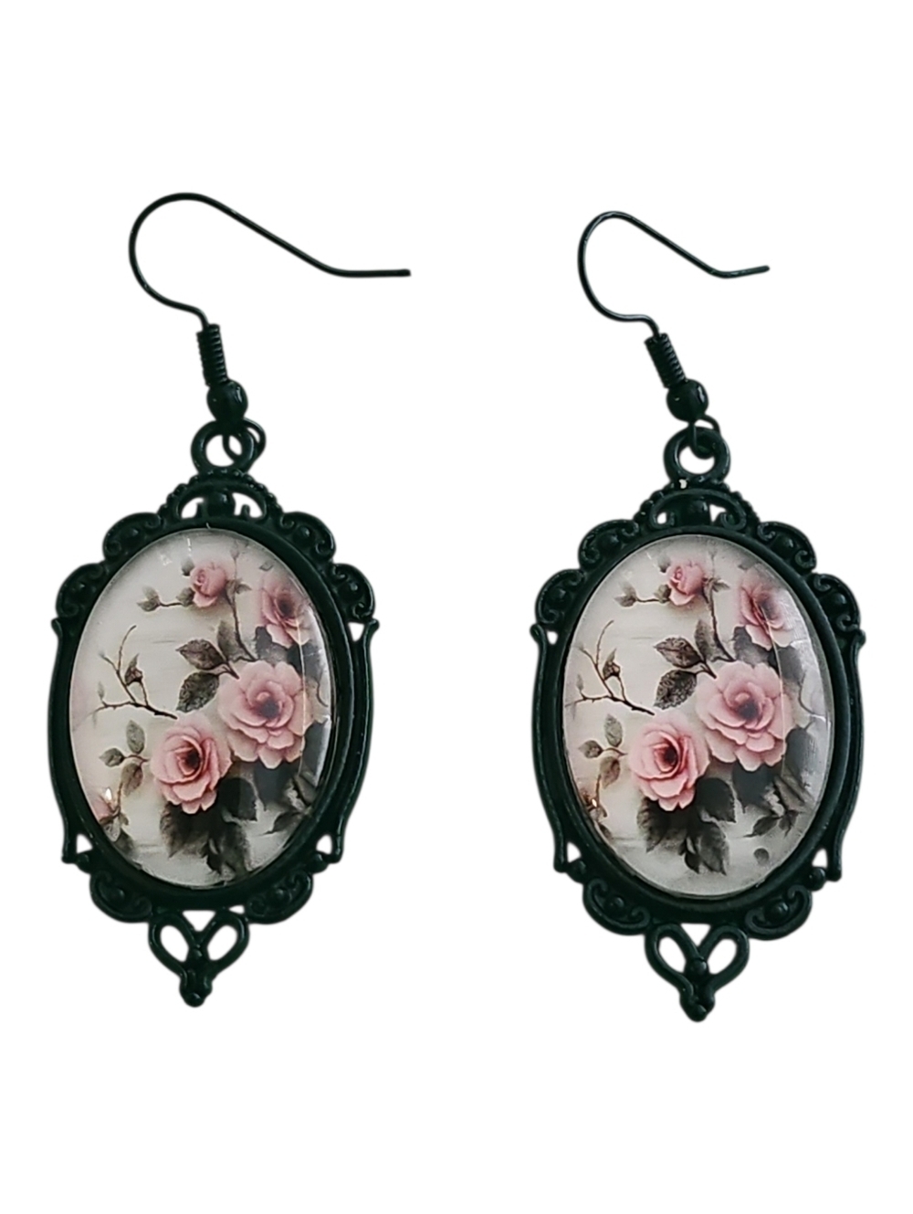 Vintage-Style Pink Rose Cameo Dangle Earrings - NIB